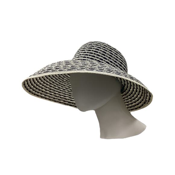 Vintage Yves Saint Laurent Hat Women’s 1 Size StrawSun Hat Open Top Navy & Cream - Picture 2 of 7